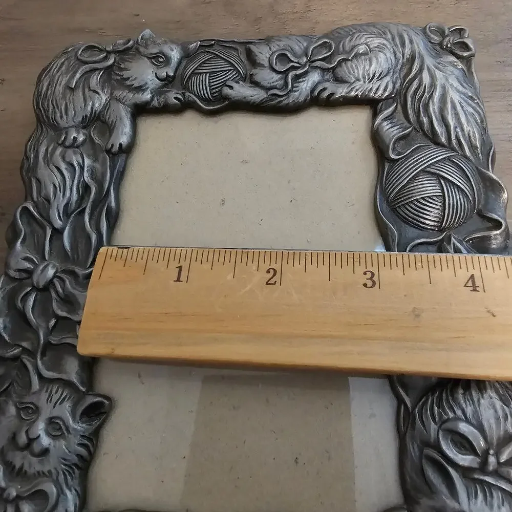 Vintage Pewter Cat Picture Frame MCM Classic Collectible Kitty Kittens Retro 80s